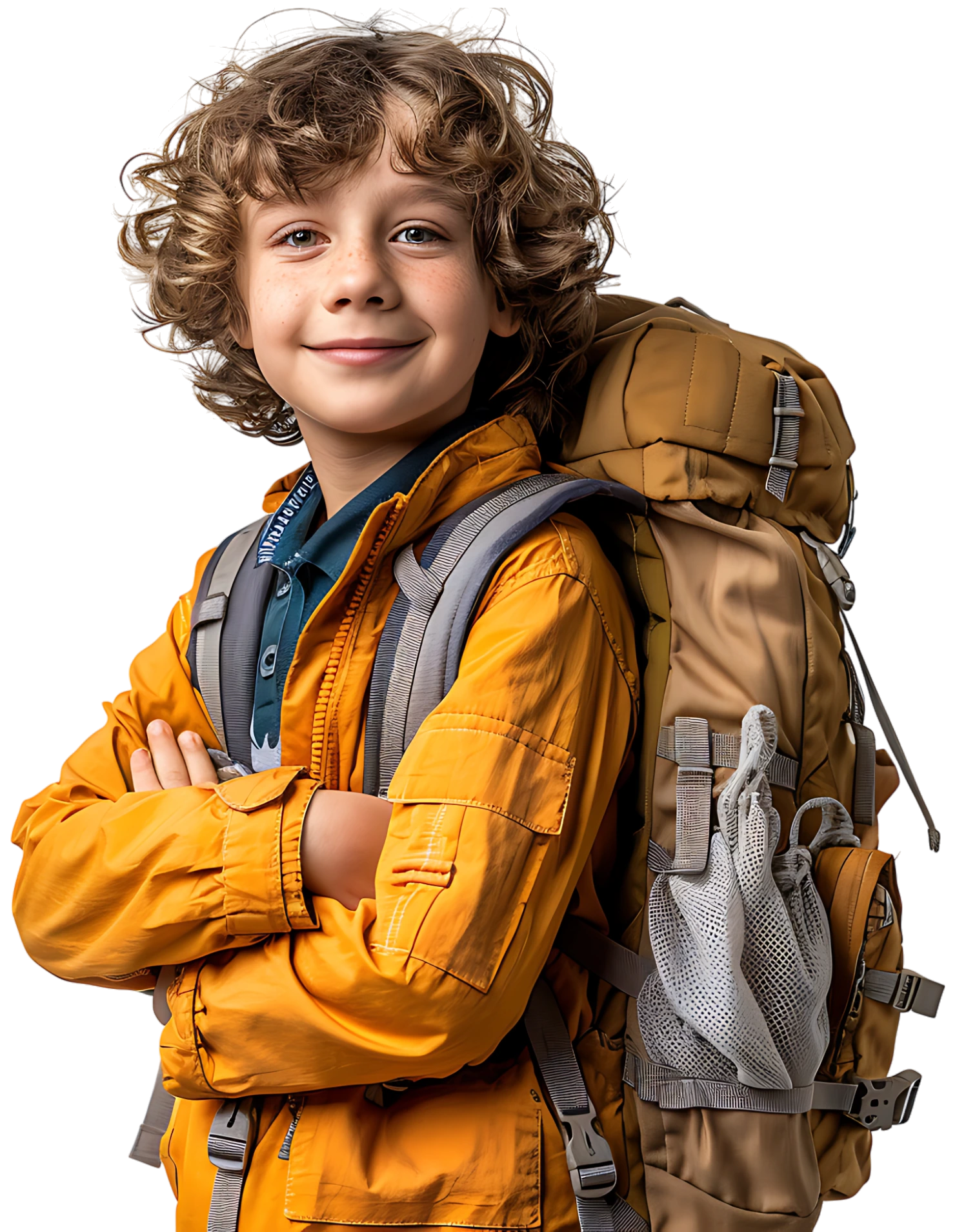 Niño explorador con un camisa amarilla y morral con equipo para escalar montañas, haciendo simil con el proceso de aprender inglés en Climbia.