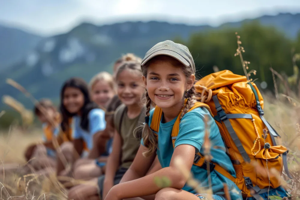 Grupo de niños grandes con morrales, descansando en la montaña antes de continuar el camino. En Climbia enseñamos inglés por niveles, puedes avanzar con ayuda de profesionales de la enseñanza del inglés.