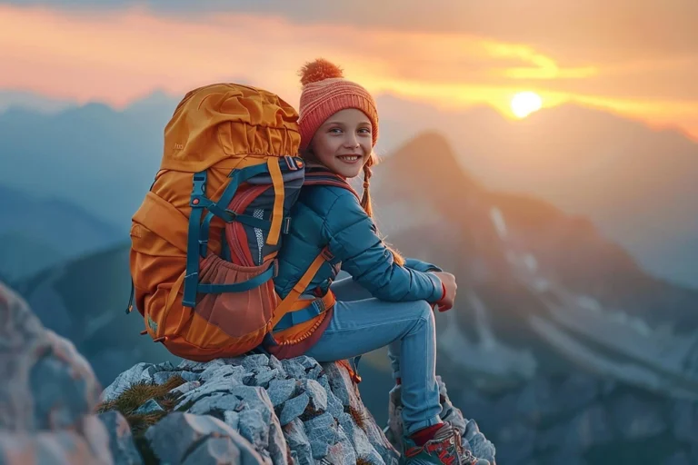 NIña sonriendo, mirando el horizonte desde una montaña. Climbia - Explorer Peak nivel de aprendizaje de inglés A1.