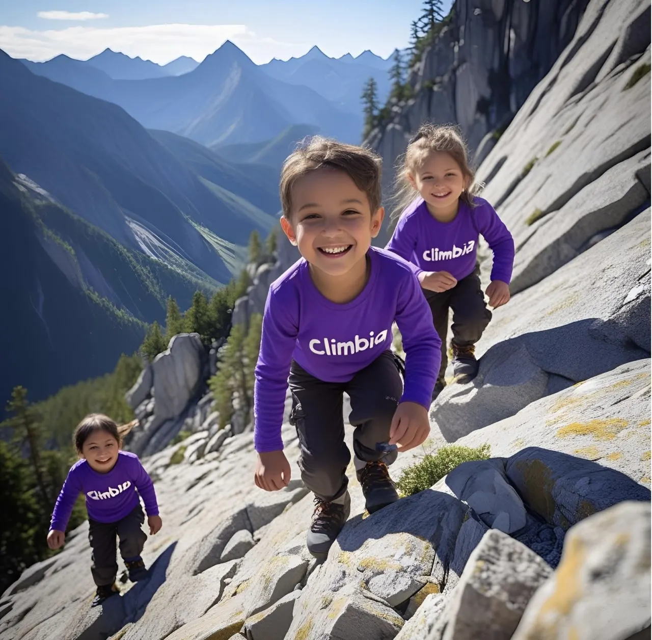 Niños escalando una montaña rocosa, con camisetas de color púrpura con el logo de Climbia.