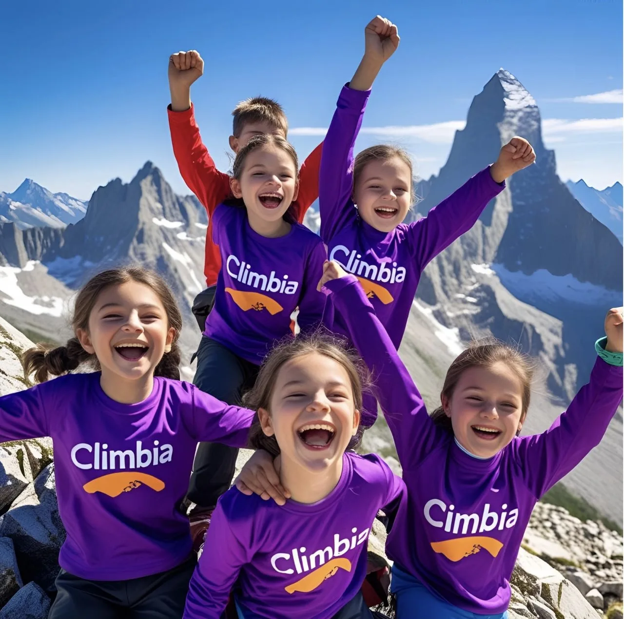 Niños en la cima de una montaña rocosa, con camisetas de color púrpura con el logo de Climbia.