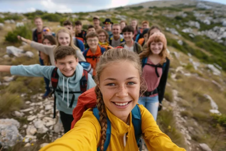 Grupo de adolescentes sonrientes subiendo una montaña. Climbia Summit Star nivel de aprendizaje de inglés A2.